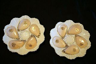 2 Antique Weimar Porcelain Oyster Plates 8 " Scalloped With Pink And Gold Trim
