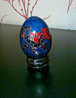 Vintage Chinese Cloisonne Bell With Stand Blue With Red Dragon Design