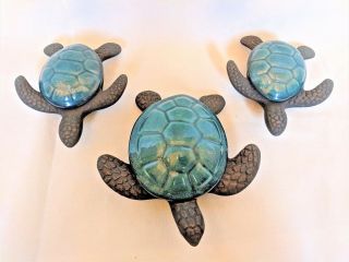 Set Of 3 Hawaii Art Pottery Sea Turtles Covered Dish Or Box Black/copper Matt