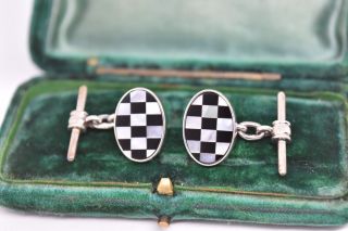 Vintage Art Deco Sterling Silver Cufflinks With Mother Of Pearl And Onyx G158