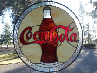 Coca Cola Stained Glass Window Hanging,  15 Inches Diam,