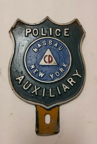 Vtg Nassau Ny Civilian Defense Cd Police Auxiliary License Topper Badge Plaque