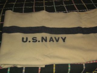 Large Vintage Ww2 Us Navy Blanket Medical Department,  White & Blue Wool,  84”x 58 "