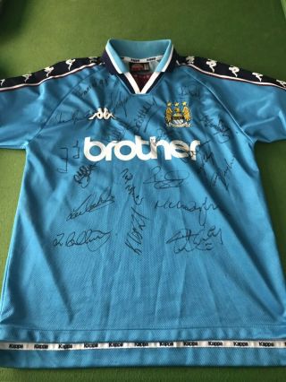 Vintage Retro Manchester City Home Shirt 1998,  Signed By The Team Of 98