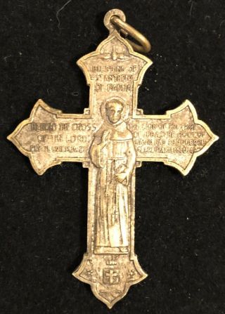 Antique St.  Francis Of Assisi St.  Anthony Of Padua Bronze Cross Medal W Prayers