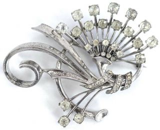 Vintage Pennino Signed Rhinestone Silver Tone Floral Bow Brooch Pin