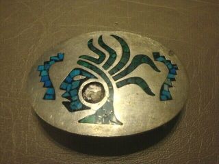Vintage Mexico 925 Sterling Silver & Turquoise Inlay Belt Buckle