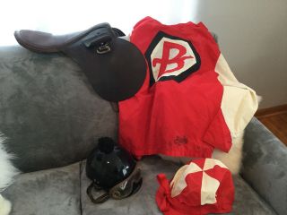 Vintage Leather Horse Racing Saddle,  Jockey Silks,  Helmet,  Goggles And Cap