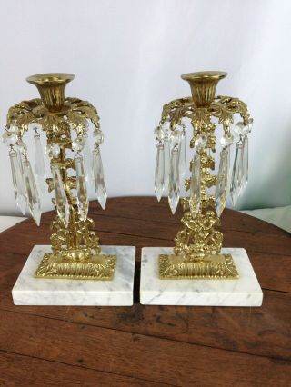 Pair Antique Victorian Marble & Gold Gilt Candlesticks With Crystal Prisms S - 3