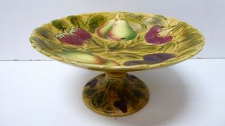 Sarrageumines French Pottery Majolica Comport Embossed Strawberries Pears Fruit
