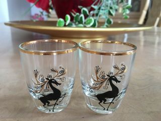 2 Vintage 1950/60s Black Leaping Stag Reindeer Shot Glasses - Gold Trim - Vgc