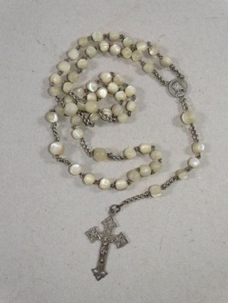 Antique Rosary - Beads Mother Of Pearl Metal - Catholic Cruxifix Jesus - 1850
