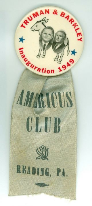 1949 President Harry S.  Truman Barkley Inauguration Pinback Button W/ribbon