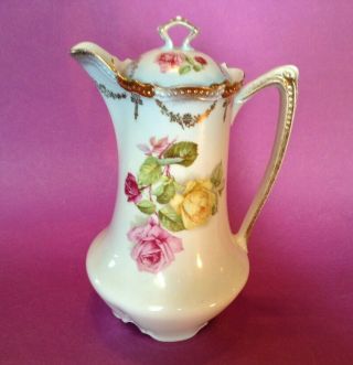 Pk Silesia Germany Teapot Or Chocolate Pot - Roses Beading And Gold Accents