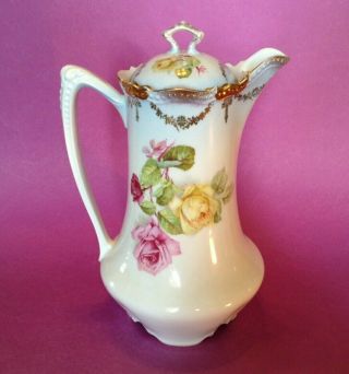 PK Silesia Germany Teapot Or Chocolate Pot - Roses Beading And Gold Accents 3
