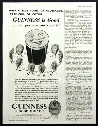 1937 Guinness Beer Glass & Oysters Smiling Art " Good For You " Vintage Print Ad