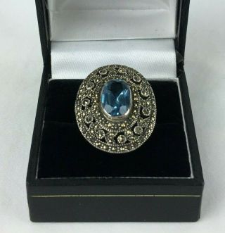 Beautifully Crafted Vintage Sterling Silver Marcasite Blue Tourmaline Ring Sz 6