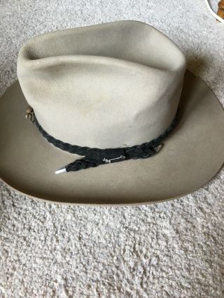 Vintage Stetson 4X Beaver Felt Western Gray Cowboy Sz 7 3/8 Leather Band And Pin 2