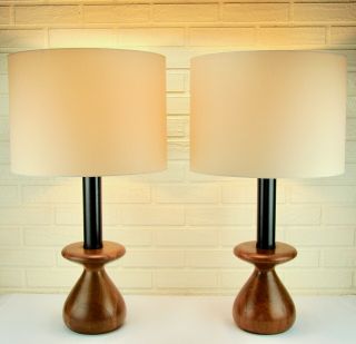 Pair Vintage Mid - Century Modern Hand Turned Carved Walnut Puzzle Table Lamps