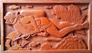 Vintage Hand Carved Mohogany Wood Plaque Scuba Diver With Fish - Coral Reef