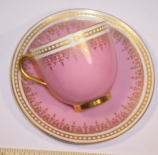 Fine Antique Royal Worcester Jeweled Espresso Demitasse Cup & Saucer Pink & Gold