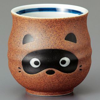 Japanese 3.  5 " Porcelain Tanuki Raccoon Dog Shigaraki Sushi Tea Cup Made In Japan