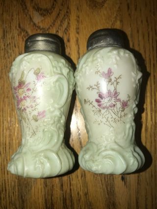 Antique Victorian Floral Painted Embossed Salt & Pepper Shaker Set