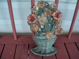 Hubley ? Cast Iron Doorstop Basket Of Flowers With Paint 32 - 670