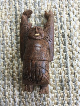 Vintage Hand Carved Wooden Figure " Happy Buddha " 5” Tall