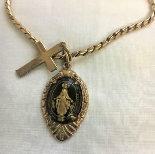 Vintage Catholic Religious Gold Tone Bracelet Virgin Mary Medal & Cross