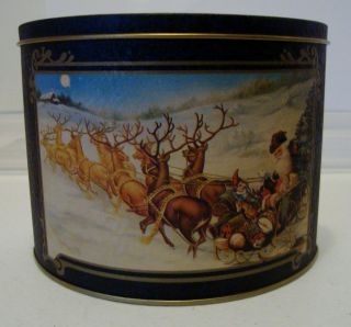 Antique Christmas Tin - " Santa Claus With Reindeers And Sleigh " Tin Half Circle