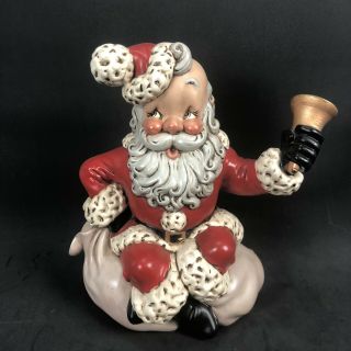 Vintage Ceramic Atlantic Mold Santa With Bell & Sitting On Bag Hand Painted 1975