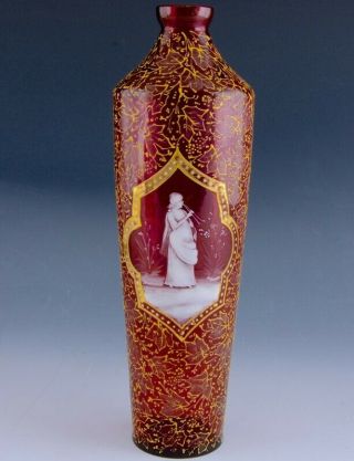 Vry Beautful C1890 Moser Bohemian Gold White Enamel Figural Cranberry Glass Vase