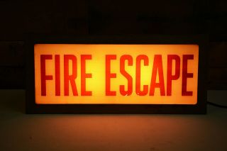 Rare Vintage 1930s Fire Escape Reverse Painted Glass 20 " Lighted Sign Metal Can