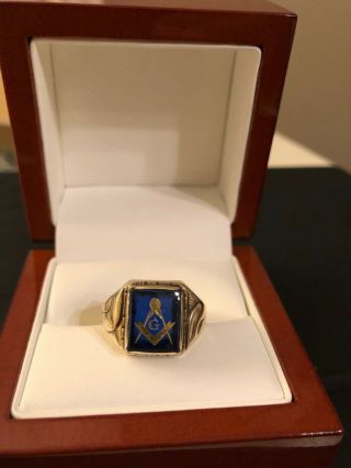 Vintage 10k Yellow Gold Blue Center Stone Mason Masonic Men 