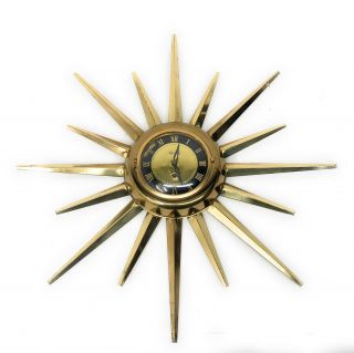 Vintage Mid Century Retro United Sunburst Starburst Gold Wall Clock 8 - Day As - Is