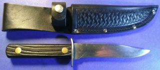 Vintage 5 " Hunting Knife W/ Leather Sheath Made In The Usa Hunting Fishing Edc