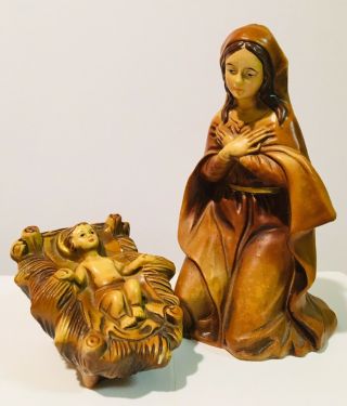 Mary Baby Jesus In A Manger Figure Statues Faux Wood Style Brown Tones