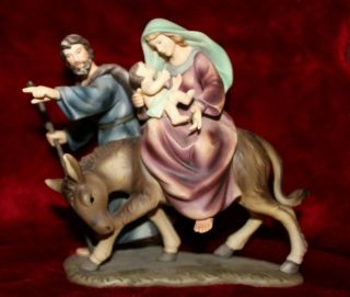 Flight Into Egypt 7 " Porcelain Joseph,  Mary,  Baby Jesus & Donkey Figurine