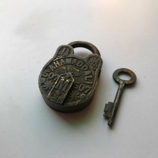 An Old Antique Solid Brass Padlock Lock With Key Small Or Miniature Carving