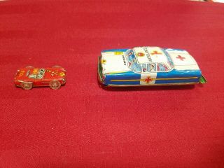 Vintage Tn Tin Litho Ambulance Friction Car And Fire Chief Car.  Made In Japan