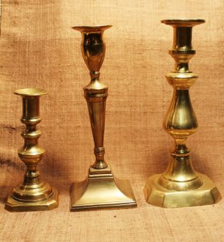 Three Different Georgian To Victorian 19th C.  Brass Candlesticks 1820 - 1865