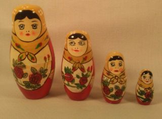 Vintage Set Of 4 Russian Soviet Union Nesting Dolls Girl Ussr Handpainted Lovely