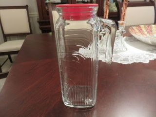 Vintage Covetro Art Deco Clear Glass 9 " Quart Pitcher Made In Italy Red Lid Euc