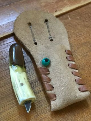 Vintage Handmade Antler Knife In Tan Suede Leather Pouch Belt Holder – Knife Is