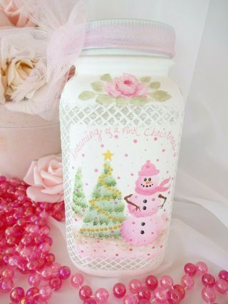 Bydas Pink Snowman Rose Jar Coffee Hp Hand Painted Chic Shabby Vintage Cottage