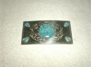 Vintage Nickel Silver Belt Buckle With Real Turquoise Large