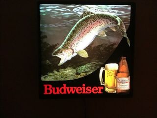 Vtg 1985 Budweiser Beer Trout Salmon Fish In Motion Fishing Bar Light Sign
