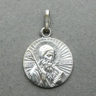 French Antique Plated Silver Religious Pendant Saint Benedict Exorcism Medal