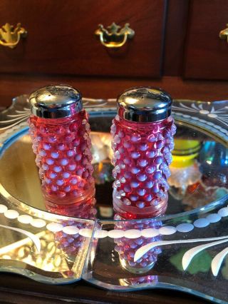 Vintage Fenton Glass Cranberry Opalescent Hobnail Salt & Pepper Shakers C.  1941